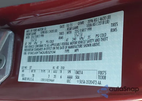 2016 Ford Escape S из США, поврежденный, VIN 1FMCU0F74GUB32134